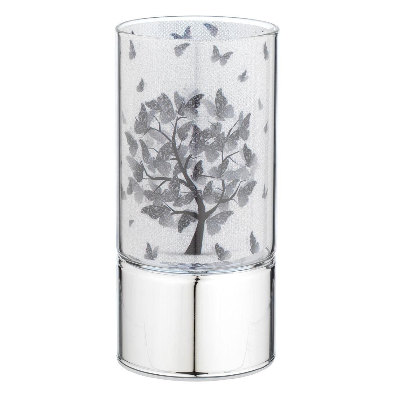 LAMPADA IN VETRO 7x15 CON DECORO ALBERO FARFALLE B/N