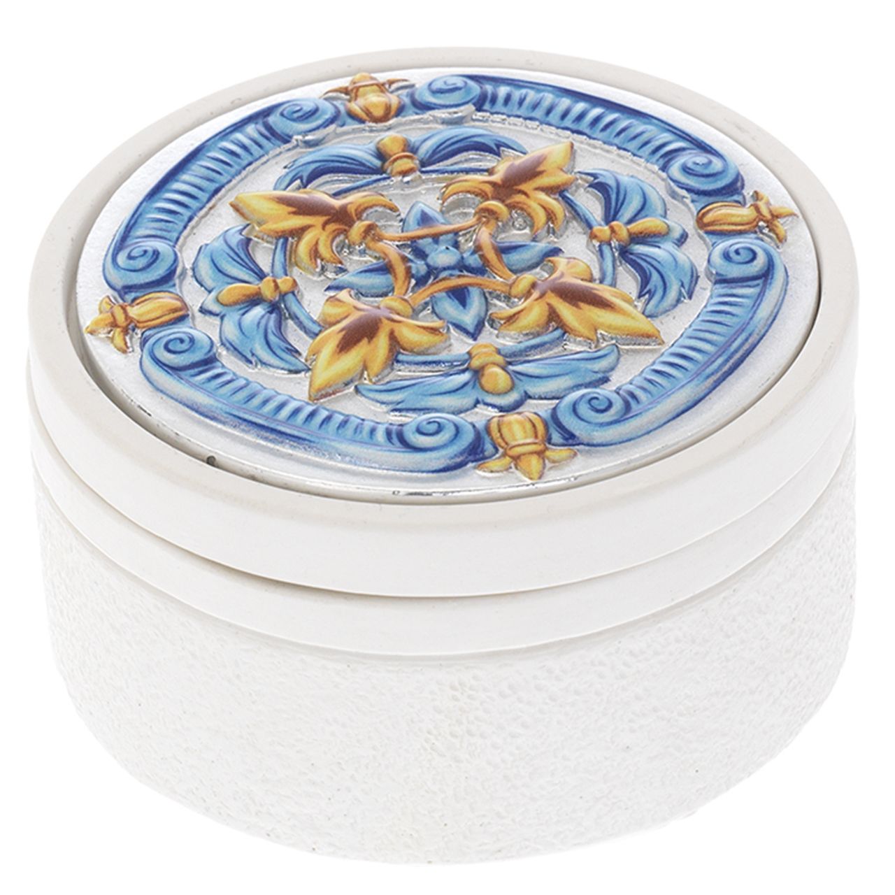 SCATOLINA TONDA BIANCA CON FESONI D. 8,5*4 CON DECO MAIOLICA
