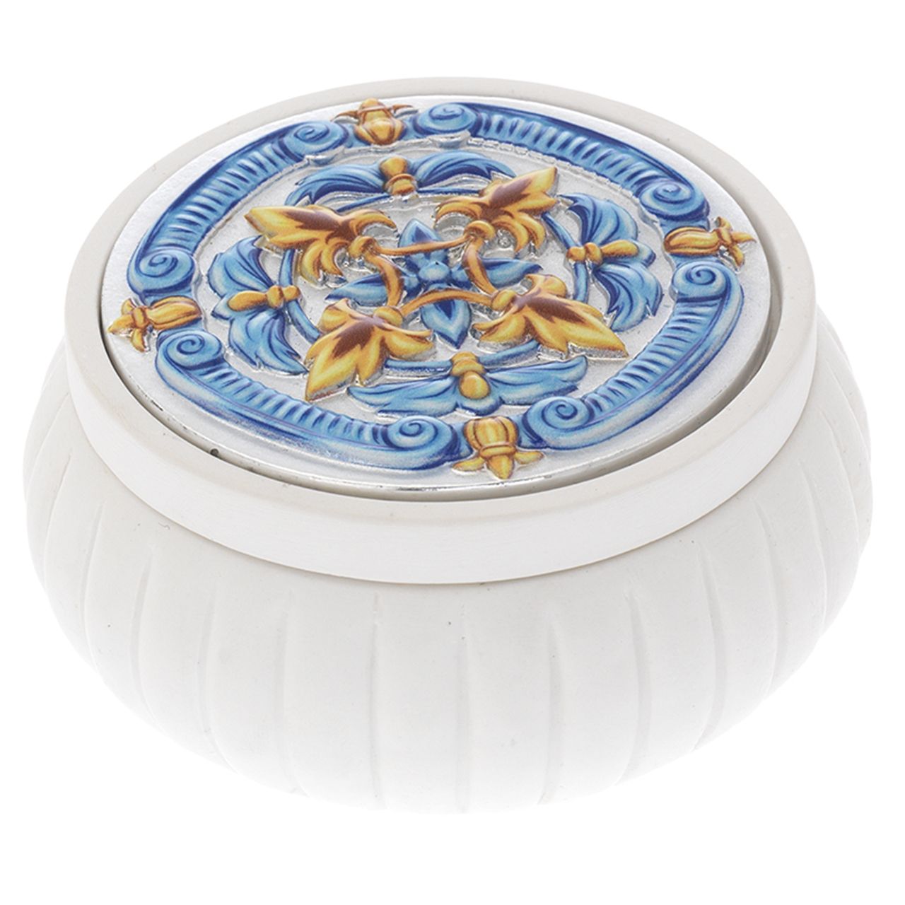 SCATOLINA TONDA BIANCA LISCIA D. 7,5*4 CON DECO MAIOLICA
