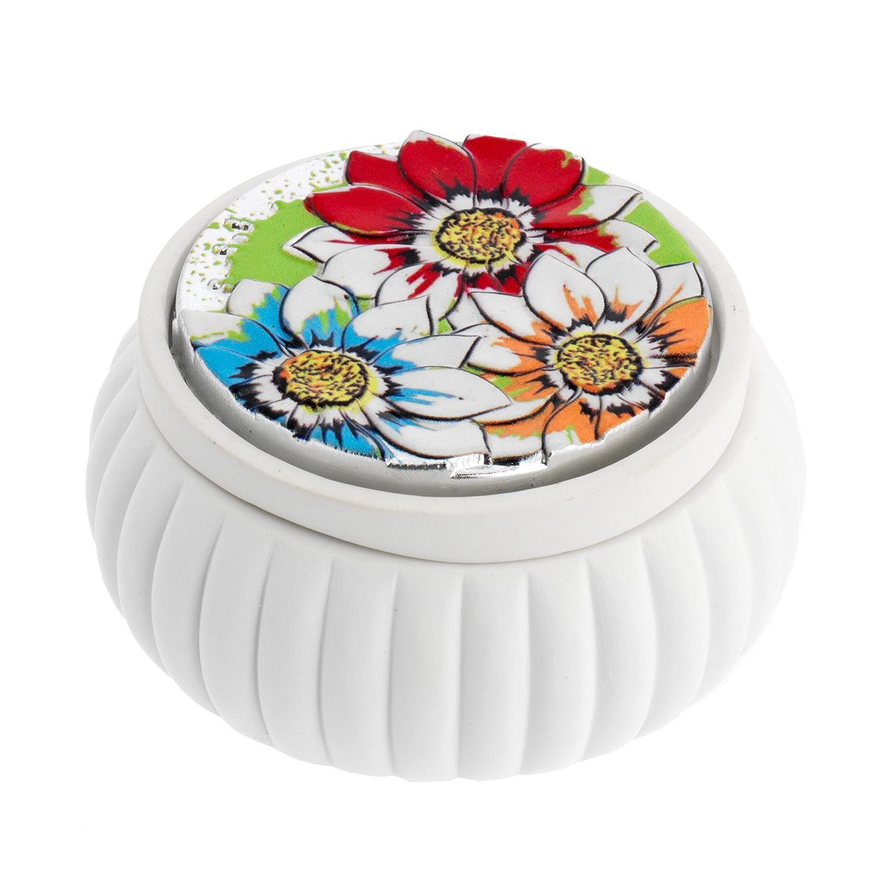SCATOLINA TONDA BIANCA CON FESONI D. 8,5*4 CON DECO STAMPATA 1
