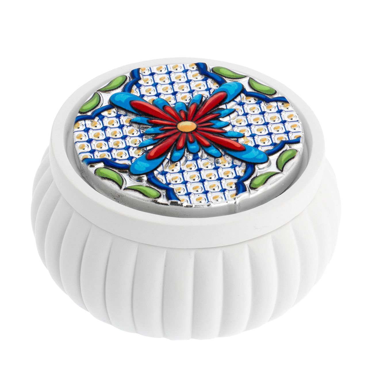 SCATOLINA TONDA BIANCA CON FESONI D. 8,5*4 CON DECO STAMPATA 1

