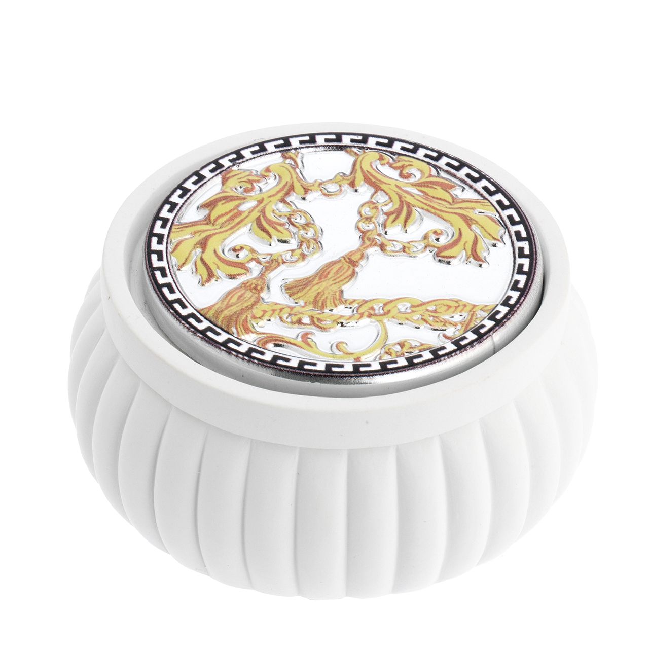 SCATOLINA TONDA BIANCA CON FESONI D. 8,5*4 CON DECO STAMPATA 1
