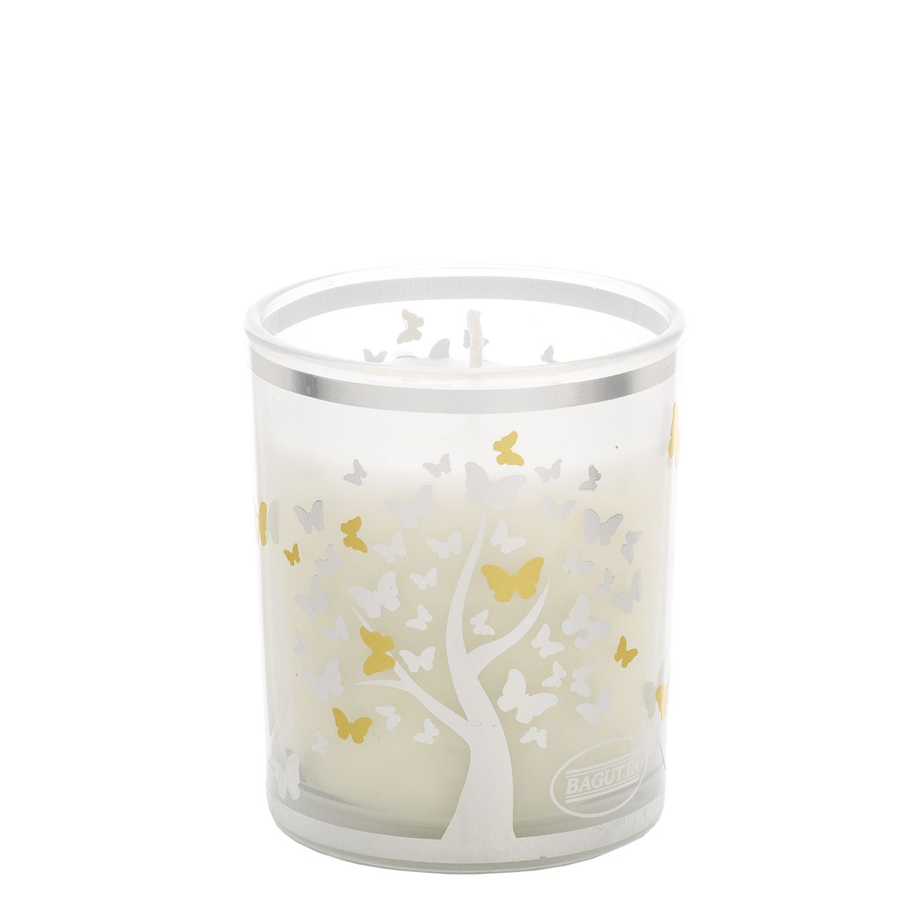 BICCHIERE CON CERA PROFUMATA 150gr - ALBERO CON FARFALLE BIANCO