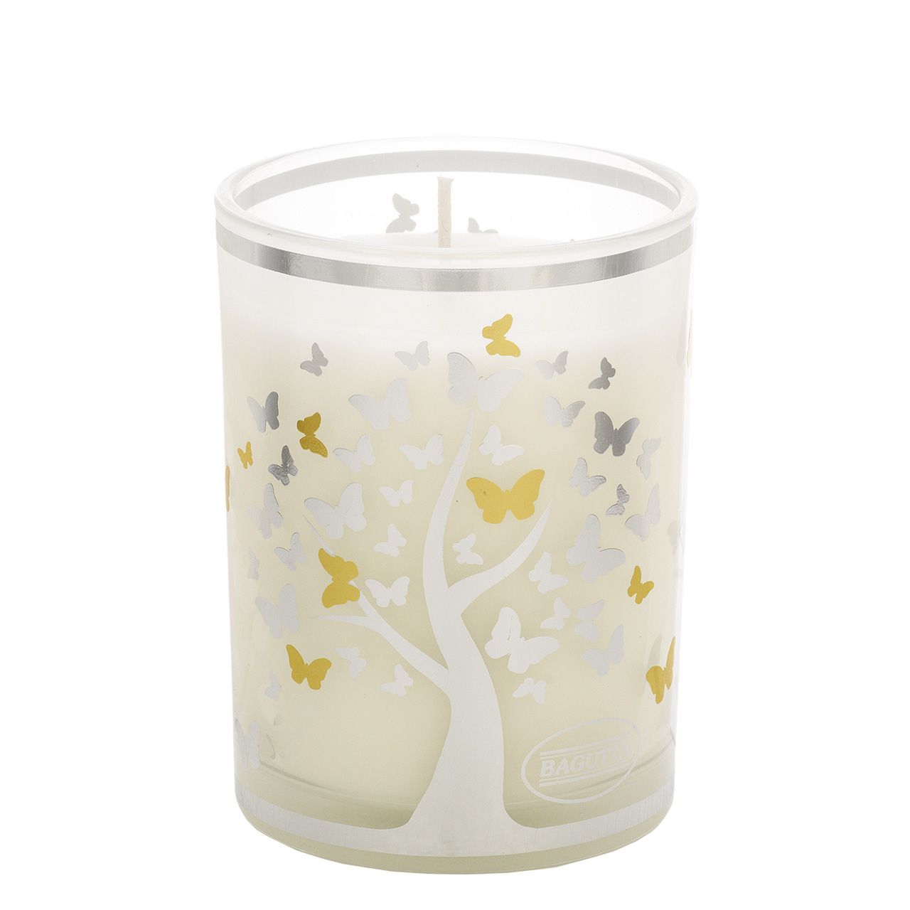 BICCHIERE CON CERA PROFUMATA 250gr - ALBERO CON FARFALLE BIANCO