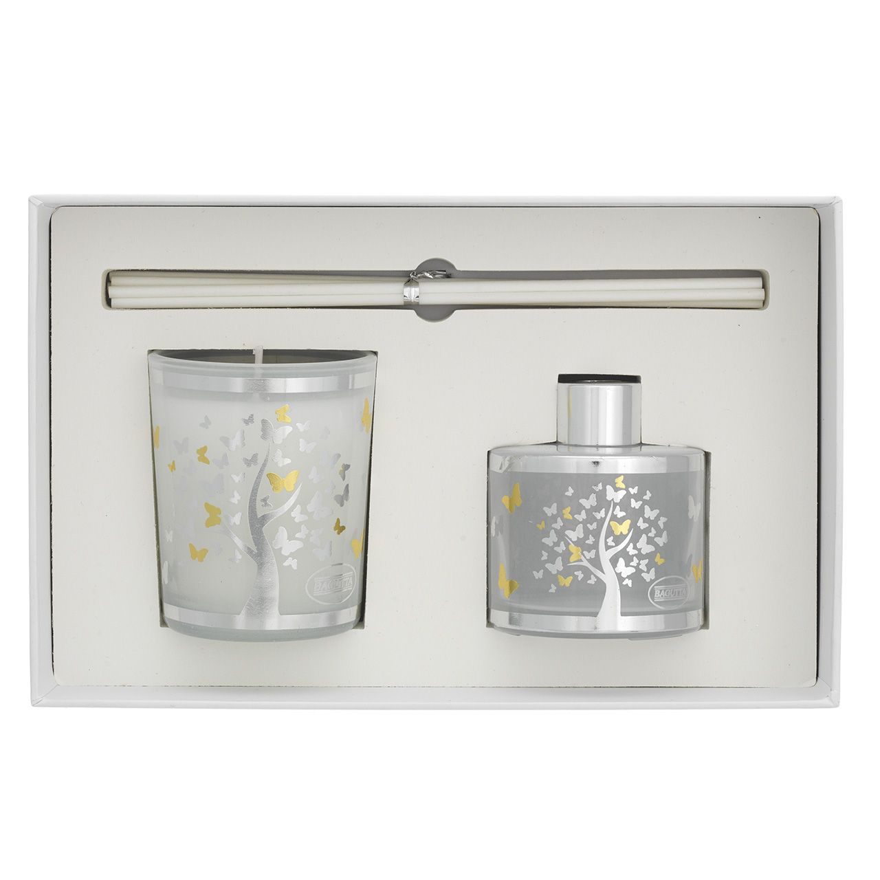 ASTUCCIO CON 50ml + STICKS + CANDELA 70gr - ALBERO CON FARFALLE
