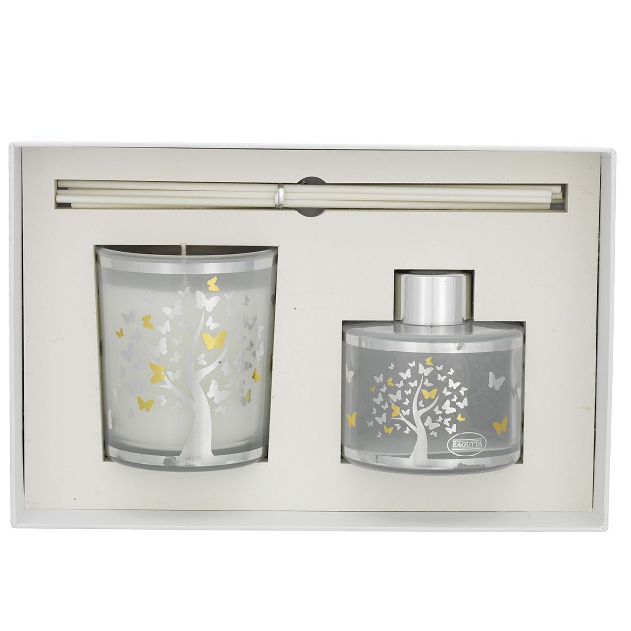 ASTUCCIO CON 100ml + STICKS + CANDELA 150gr - ALBERO FARFALLE