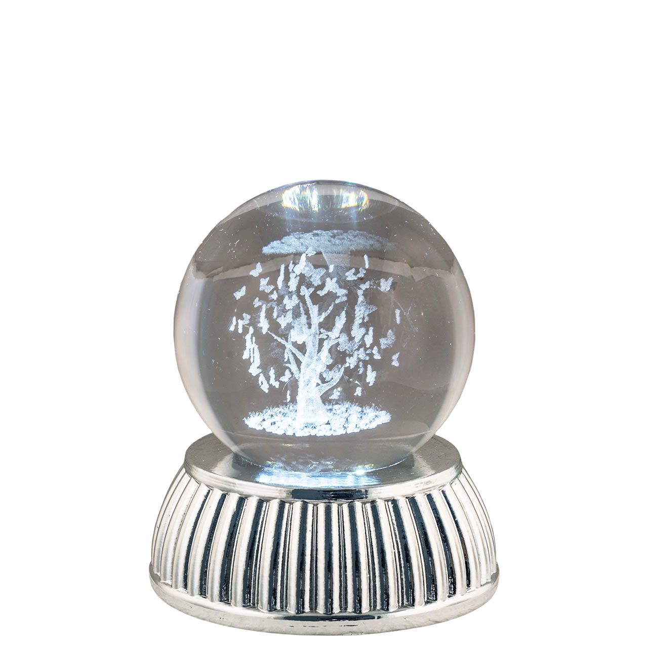 SFERA DIAM. 6 IN CRISTALLO SU BASE CON LED - ALBERO CON FARFALLE