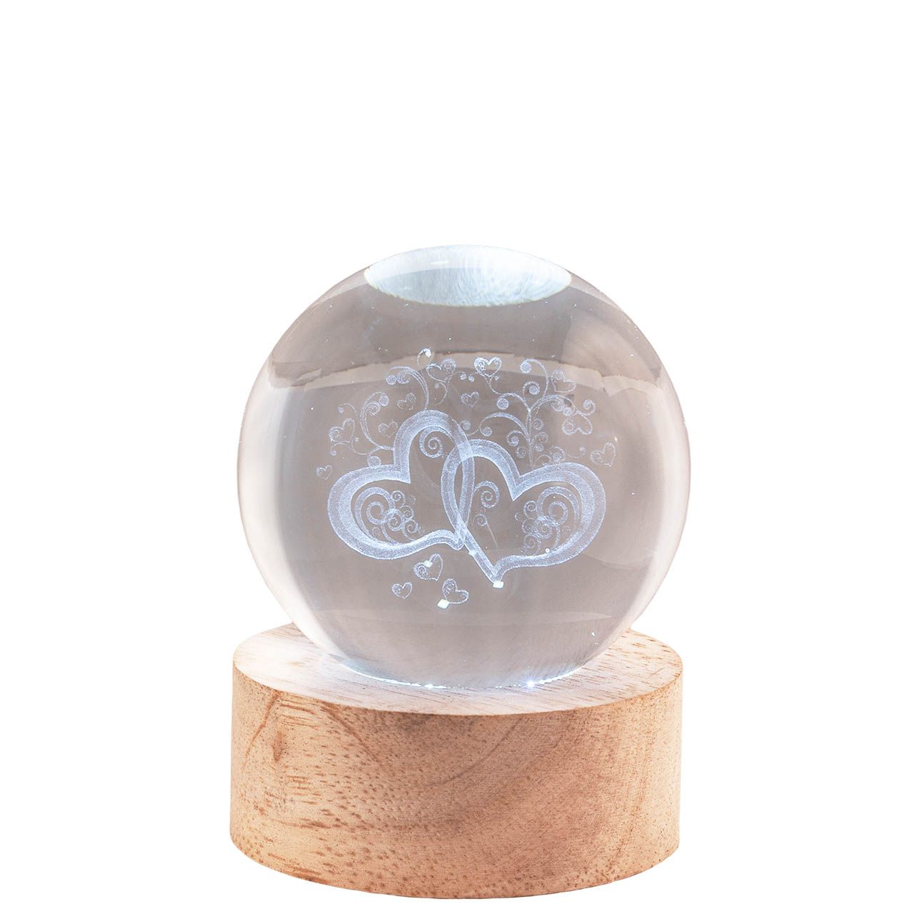 SFERA DIAM. 6 IN CRISTALLO SU BASE CON LED - CUORI STILIZZATI