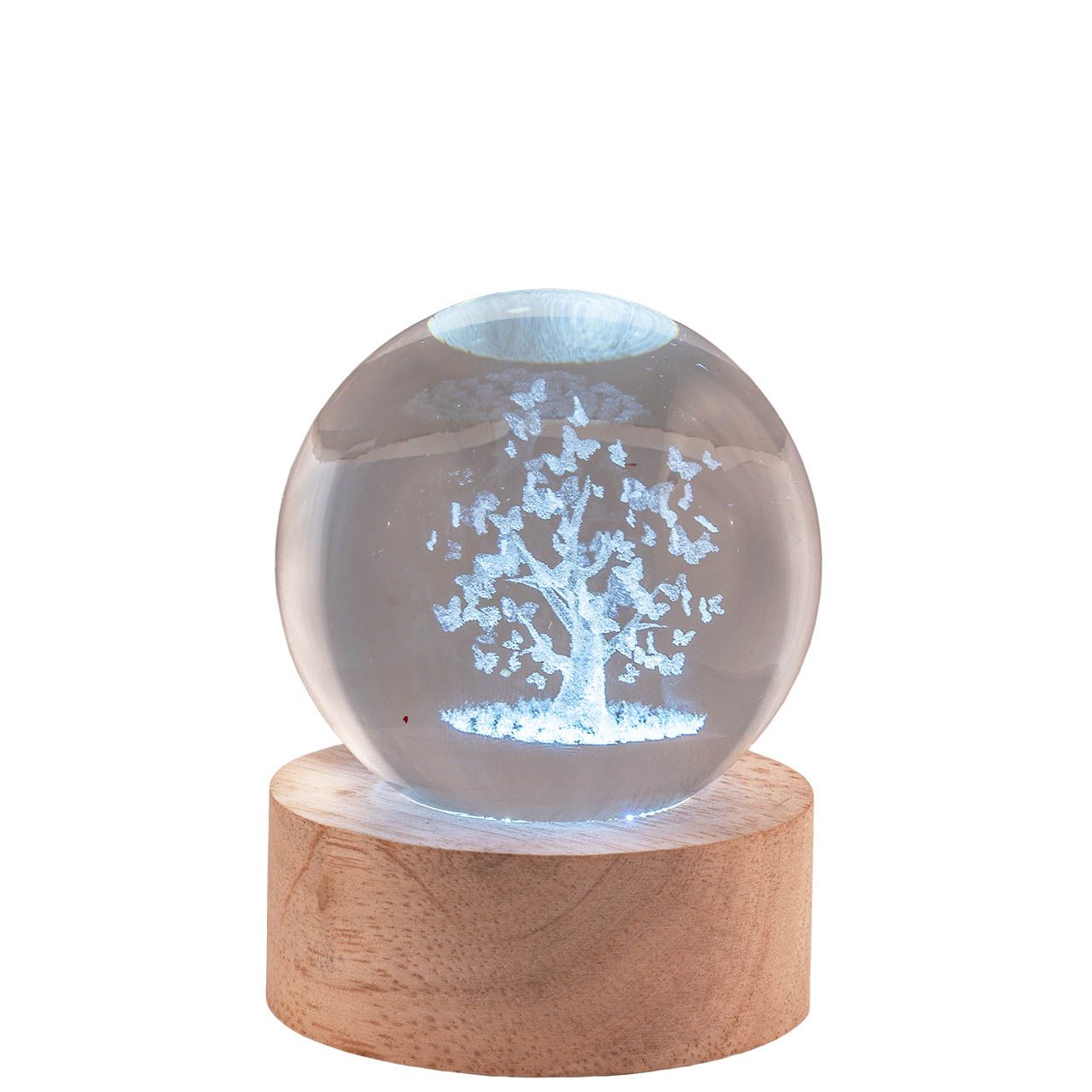 SFERA DIAM. 6 IN CRISTALLO SU BASE CON LED - ALBERO CON FARFALLE