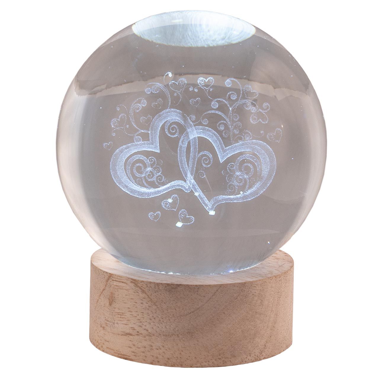 SFERA DIAM. 8 IN CRISTALLO SU BASE CON LED - CUORI STILIZZATI
