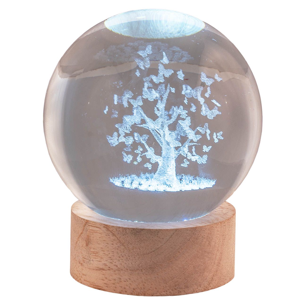 SFERA DIAM. 8 IN CRISTALLO SU BASE CON LED - ALBERO CON FARFALLE