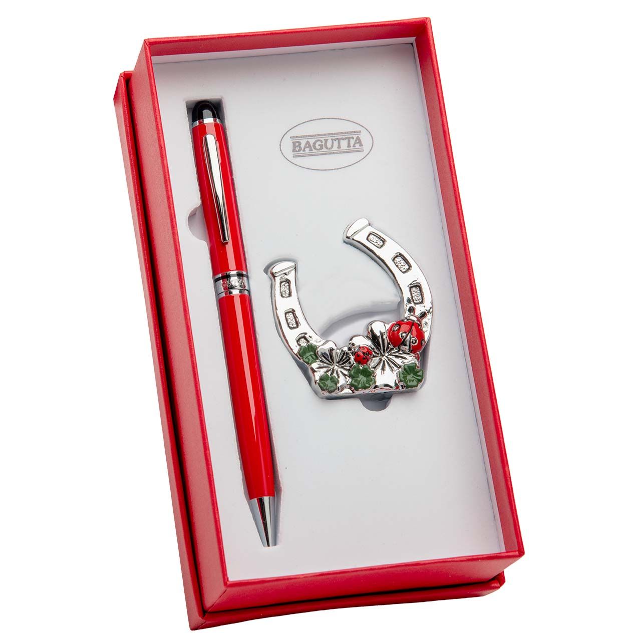 ASTUCCIO CON PENNA ROSSA + FERRO DA CAVALLO COCCINELLA